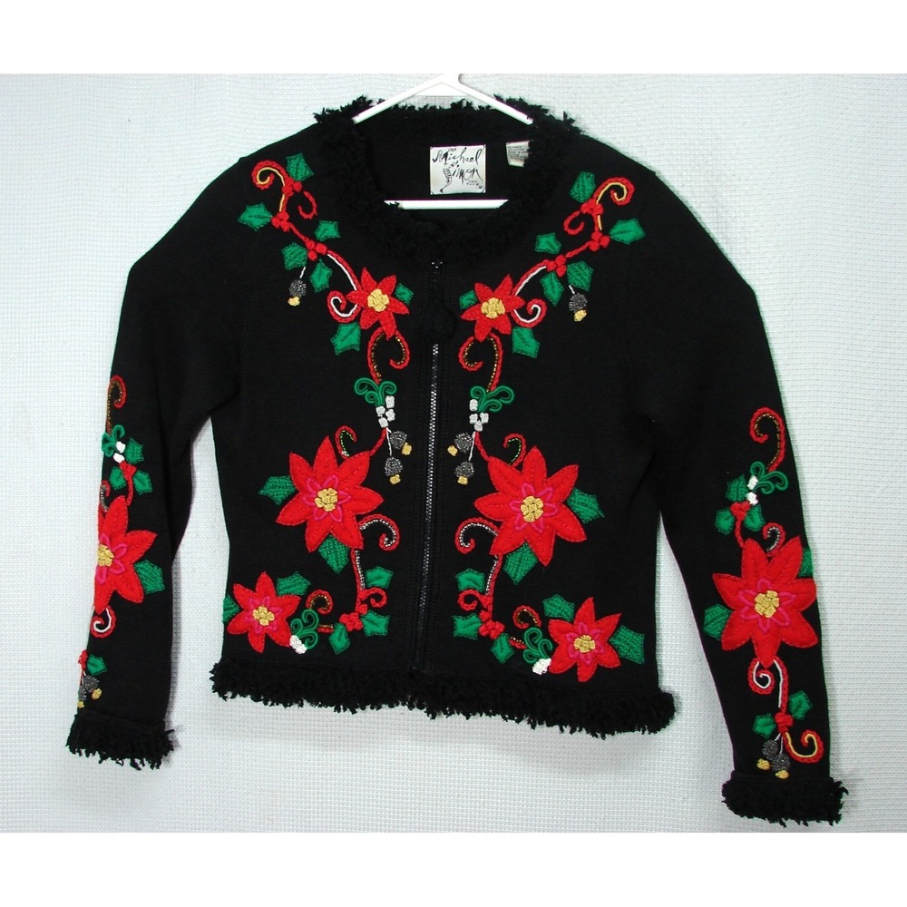 Michael Simon Christmas Cardigan Women M Black Floral Poinsettia Embroidered 90s